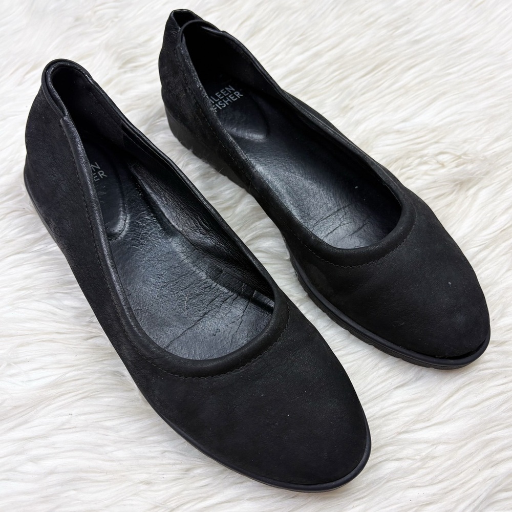 Eileen Fisher Honest Nubuck Suede Leather Wedge Ballet Flats Black Round Toe 8